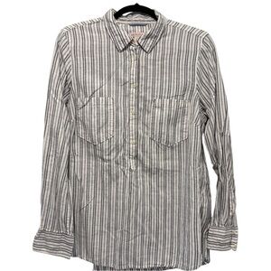 Cotton Popover Striped Button-Up Collared Shirt with Two Front Pockets